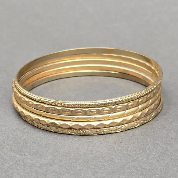 VTG Gold Tone Textured Bangle Bracelets 7" 50s Stackable Eclectic Lot Of 5 - Picture 4 of 4